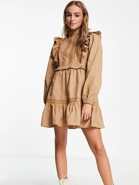 Miss Selfridge Tan Ruffle High-Neck Mini Dress
